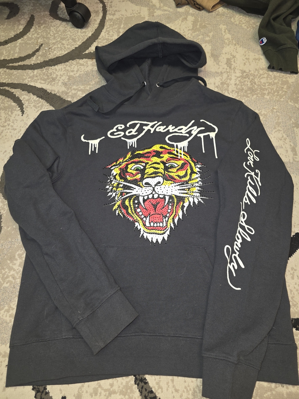 Ed Hardy Charcoal Hoodie with Graphic Tiger